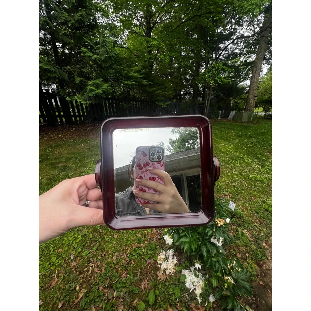 Vtg Space Age MCM Red Acrylic Double‎ Sided Vanity Mirror Tilting Magnifying 70s
